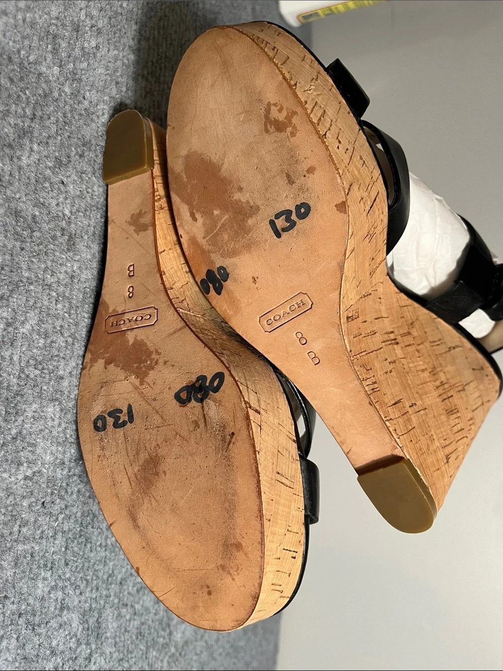 Coach Black Leather Cork Platform Heeled Sandals